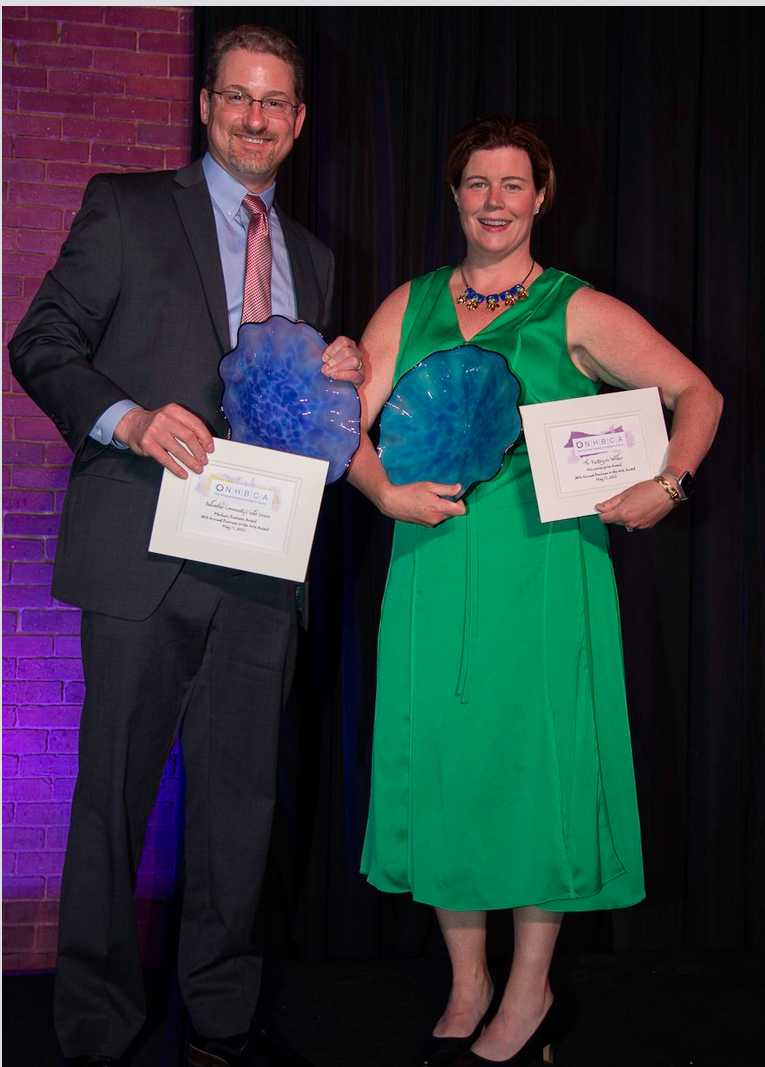 Previous NHBCA Awards winners Nathan Saller, left, CEO of Bellwether Community Credit Union and Elizabeth Hitchcock, Factory on Willow.  Courtesy Photo